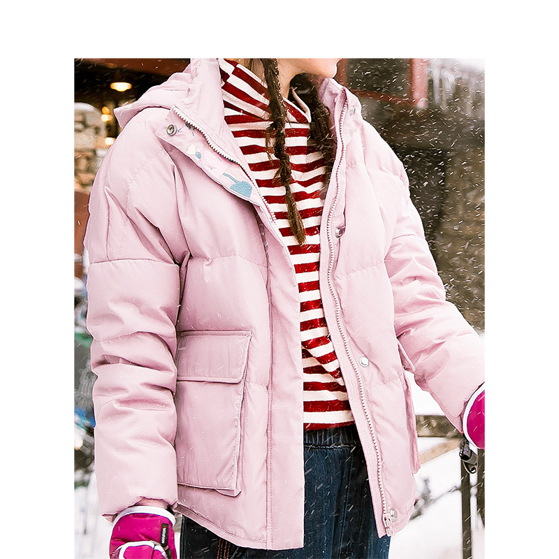 茵曼2018冬装新款防风领连帽宽松保暖短款羽绒服面包服外套女粉色