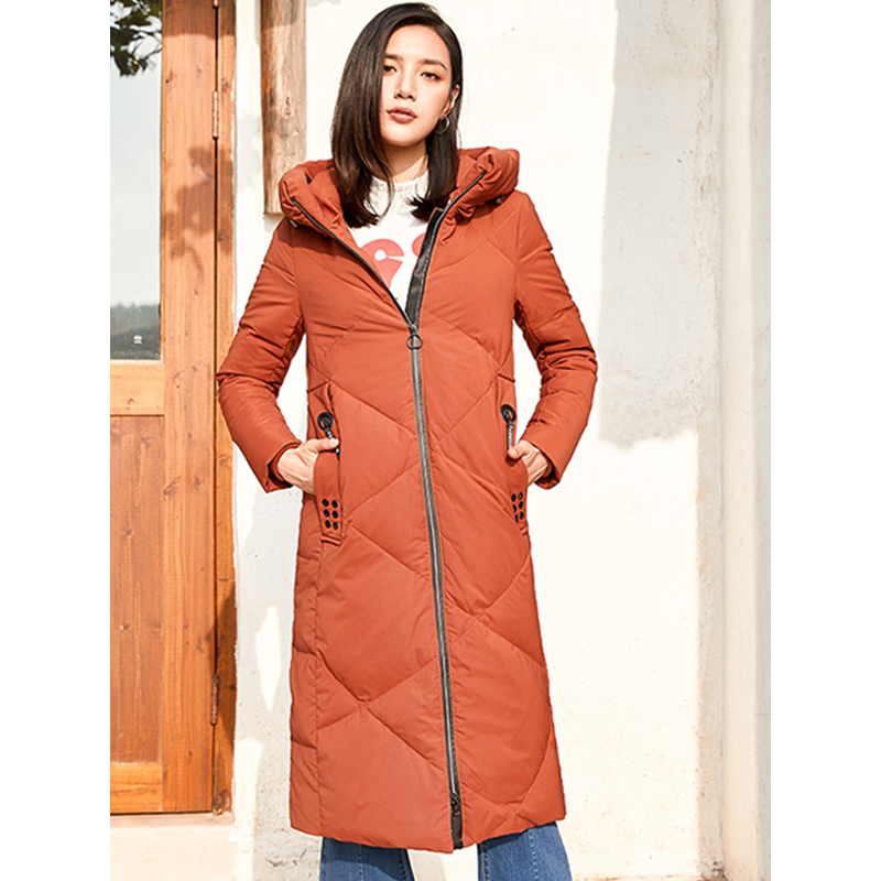 千仞岗2018秋冬新品羽绒服女长款时尚休闲连帽羽绒冬外套229261