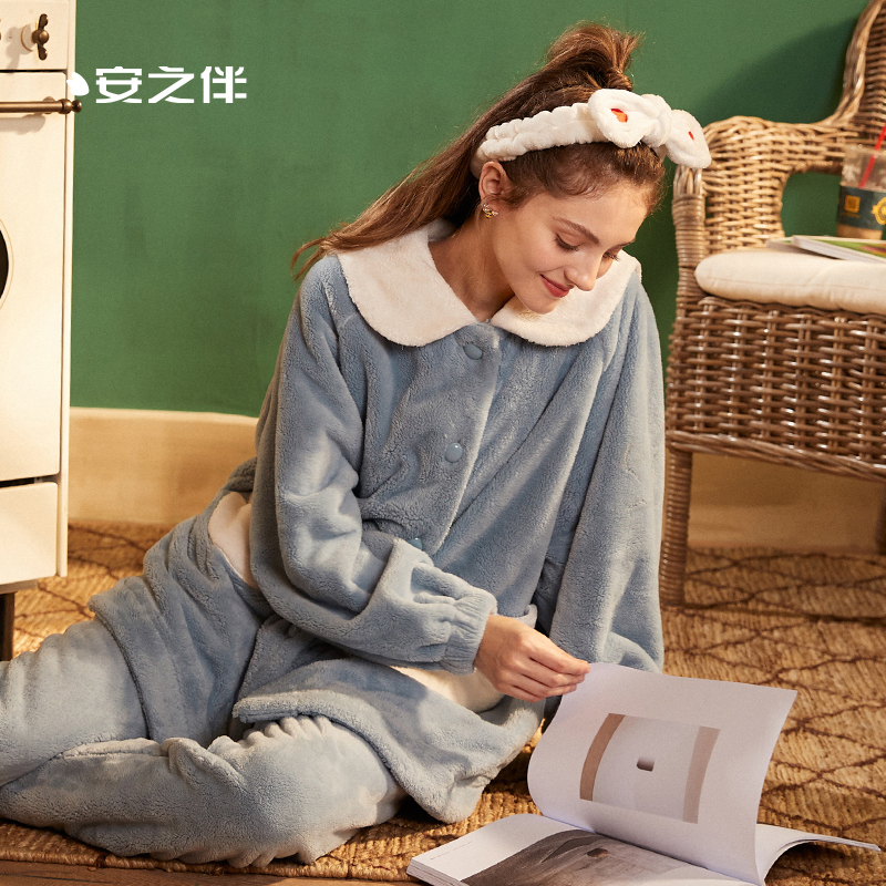 安之伴珊瑚绒睡衣女秋冬娃娃领加厚保暖甜美卡通家居服休闲公主风