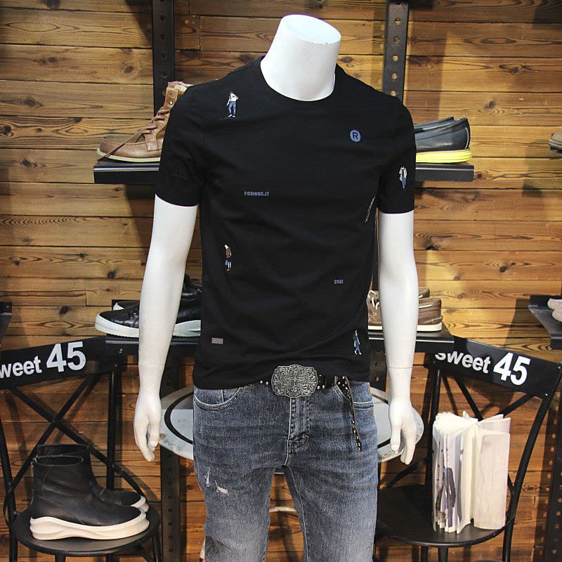 Ceen Bulled夏季丝光棉男T恤全身小人刺绣2022修身圆领弹力短袖青年帅气半袖图片