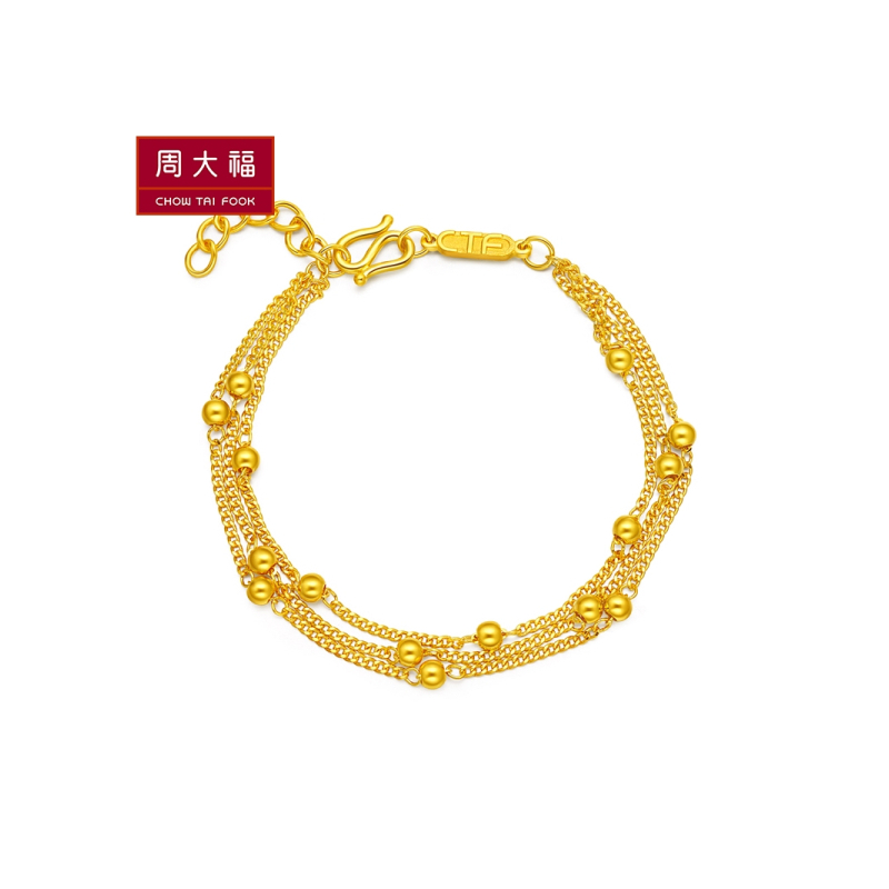 周大福珠宝首饰串珠叠链足金黄金手链计价足金工费168元f217757