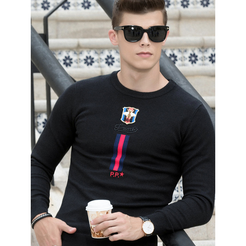 传奇保罗针织衫男春秋秋季黑色套头莱赛尔圆领长袖毛衣z18q008