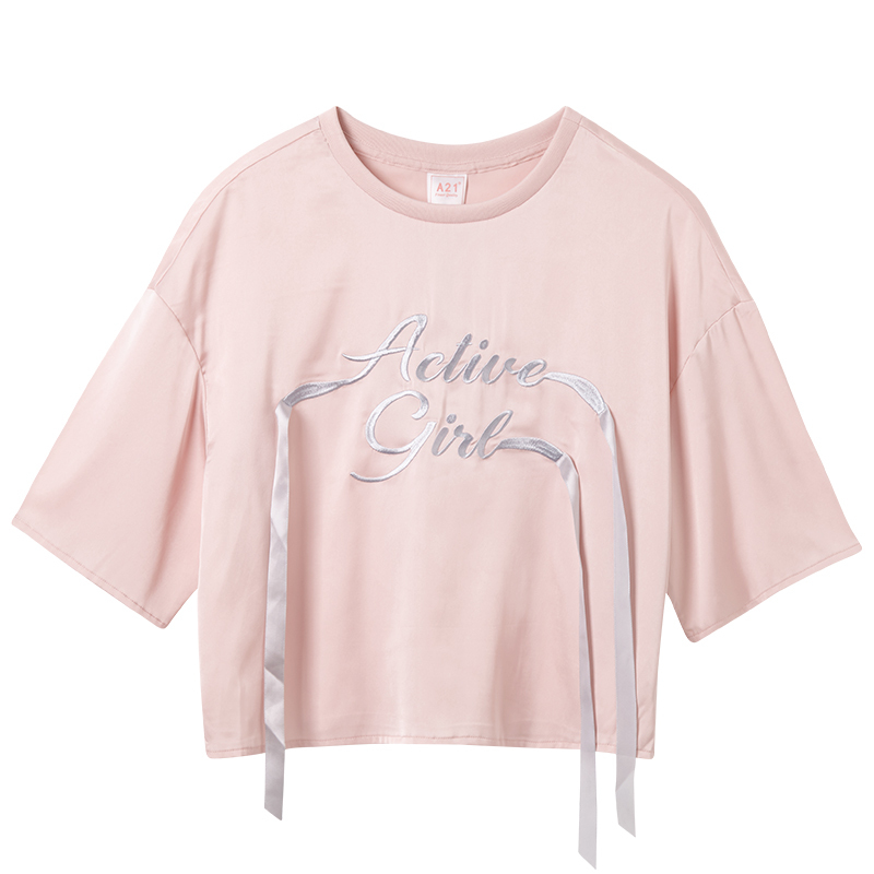 A21以纯线上品牌2018春季新品女装短袖T恤女宽松圆领刺绣中袖短袖女4812175000