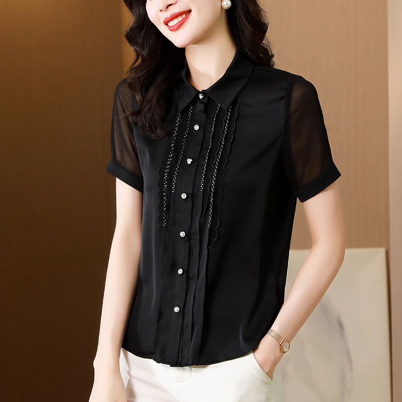 ceba黑色衬衫女夏新款洋气花边女装气质雪纺短袖上衣v领开衫减龄衬衣