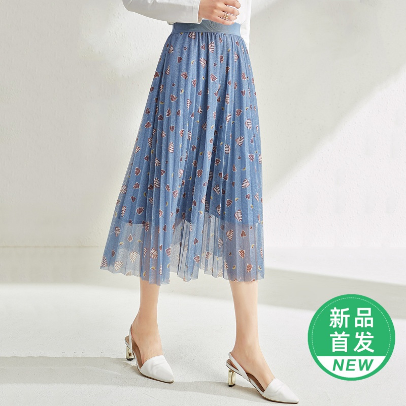 OUNIXUE欧昵雪 | [灵动印花网纱半身裙]春季中长款时尚橡筋休闲A字裙女士
