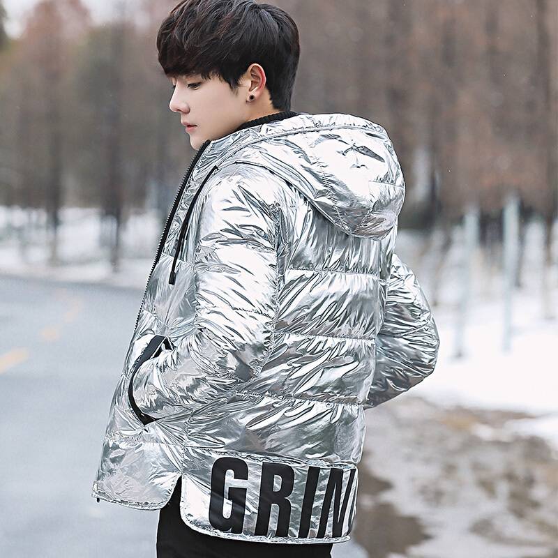 羽绒服2018冬季新款男士羽绒服青年时尚短款外套潮流帅气面包服男银色