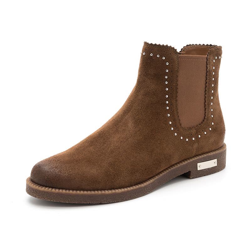 ST&SAT/星期六旗下冬季牛皮革铆钉装饰圆头低跟方跟时尚短靴女DF84116283图片