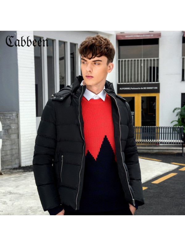 卡宾男装灰鸭绒保暖羽绒服冬季潮流修身抽绳连帽外套B
