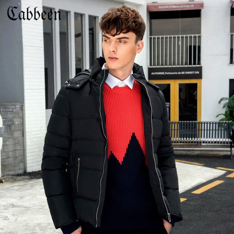 卡宾男装灰鸭绒保暖羽绒服冬季潮流修身抽绳连帽外套B图片