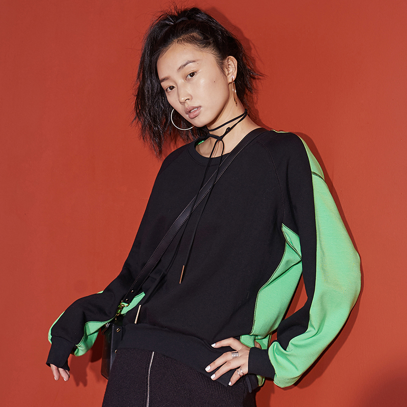 森宿复古拼色圆领套头卫衣女秋冬装2018新款韩版宽松休闲长袖上衣