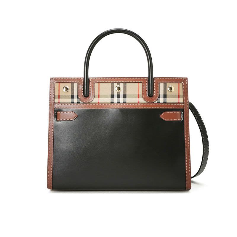 预售 博柏利BURBERRY Title 通勤手拎小号 字母印字标格纹拼皮 女士手提包 8025269金扣图片