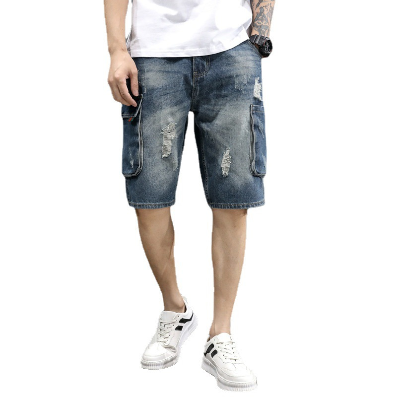 ceenbulled牛仔短裤男士夏季薄款潮牌破洞工装痞帅外穿五分中裤子休闲