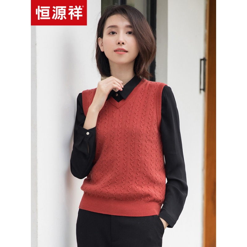 恒源祥秋冬羊毛衫女套头无袖毛线马甲纯色针织背心复古麻花毛衣视频