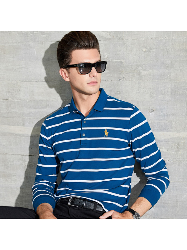 马尼亚袋鼠男士秋季商务绅士休闲条纹时尚长袖polo衫t恤