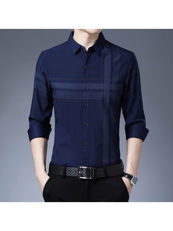 Ceba长袖衬衫男商务休闲免烫衬衣青中年印花修身韩版寸衣薄款外