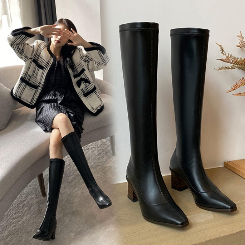 tiauny 方头新款女靴后拉链舒适粗跟显瘦长靴女大小