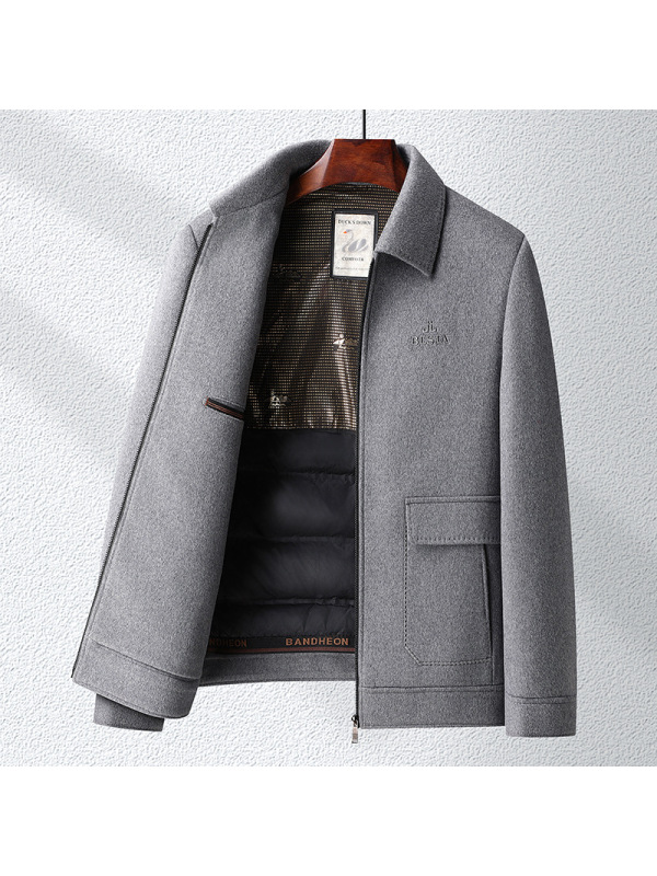 含桑蚕丝羊毛夹克纯色简约鸭绒脱卸内胆双面呢羊毛茄克男秋冬外套