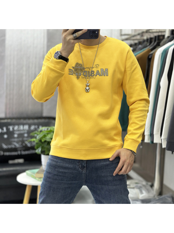 欧洲站秋冬新款卫衣男士套头时尚烫钻印花长袖体恤打底衫加绒上衣