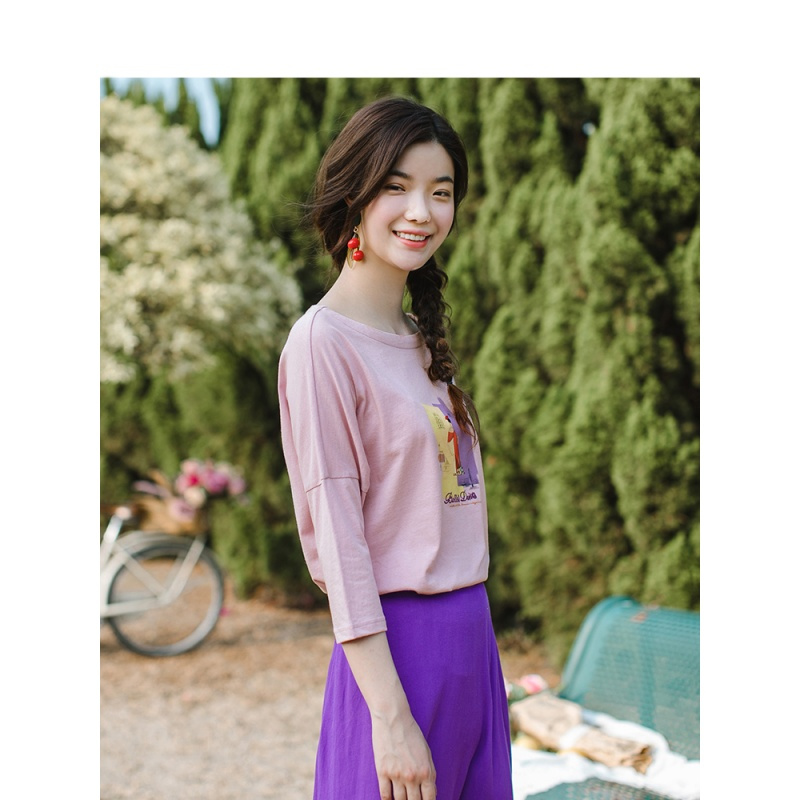 茵曼T恤女2019春装新款圆领文艺印花清新休闲百搭宽松落肩袖上衣