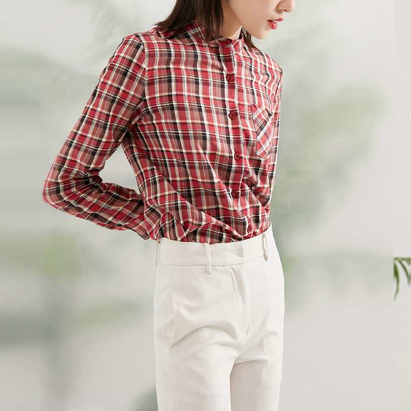 晚白2021春季新品简约复古格子立领长袖休闲百搭减龄衬衫衬衣女