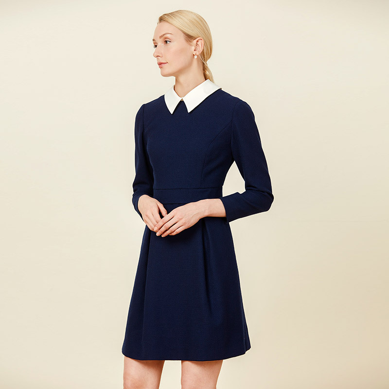 欧柏兰奴秋冬新款衬衫领时尚收腰长袖连衣裙中长款女