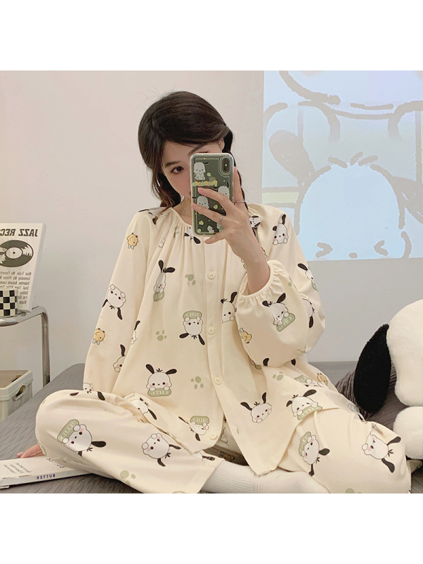 长袖睡衣女秋冬季可爱卡通休闲开衫青少年宽松学生外穿家居服套装