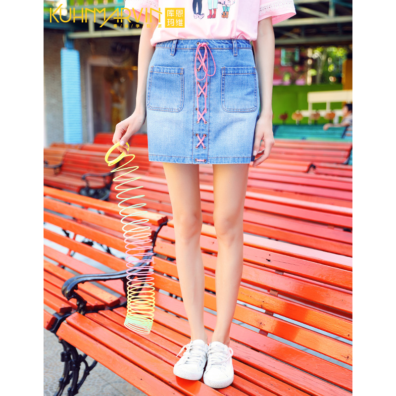 ins超火的半身裙女夏2018新款高腰显瘦绑带少女学院风牛仔裙短裙