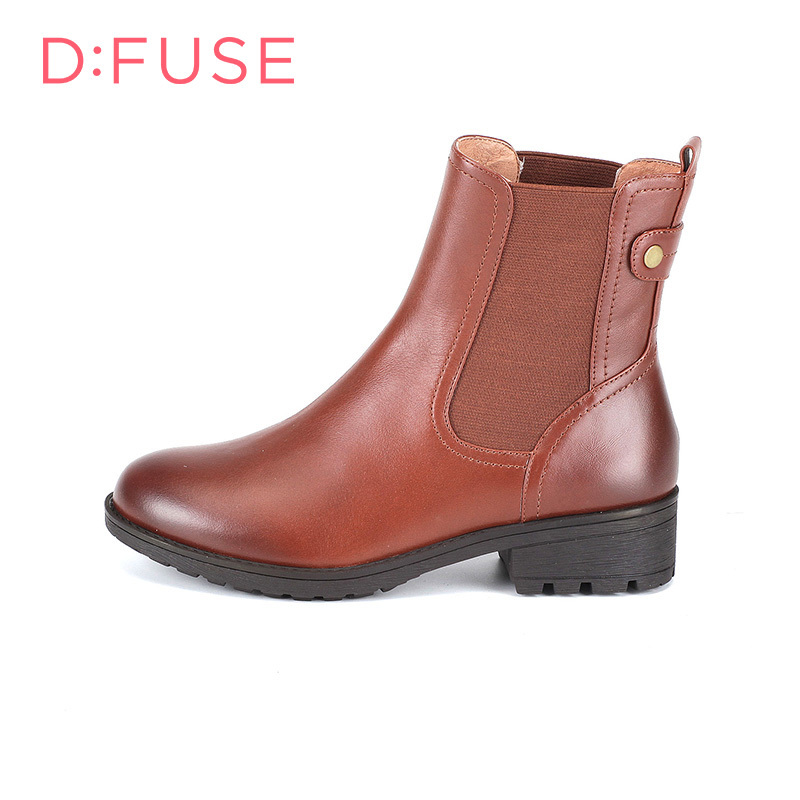 D：Fuse/迪芙斯冬新款牛皮圆头中跟切尔西短靴女鞋DF54115146_GMB43
