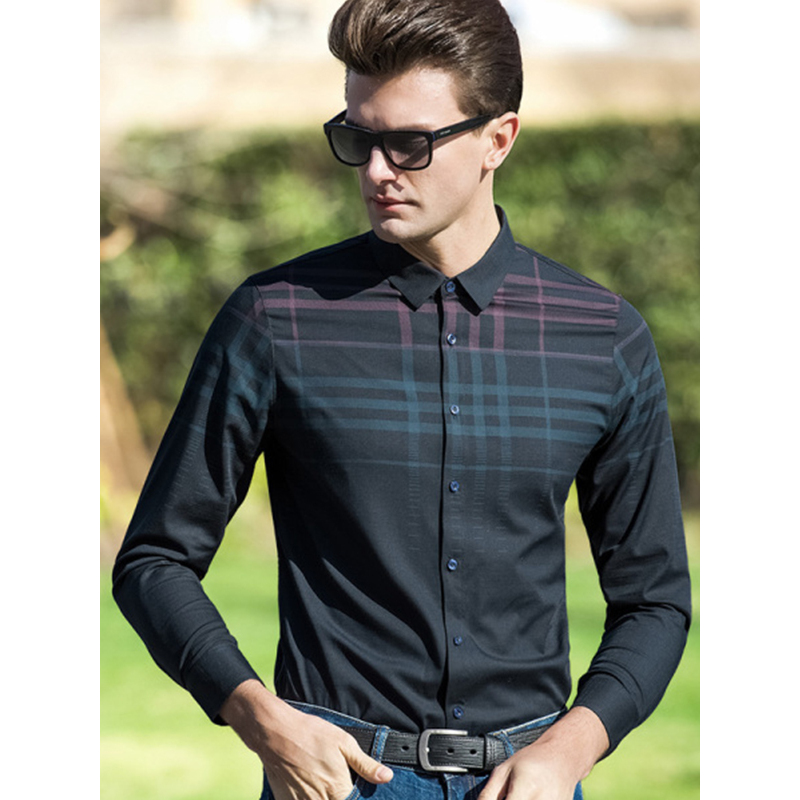 传奇保罗条纹长袖衬衫男春季韩版潮流黑色休闲打底衬衣