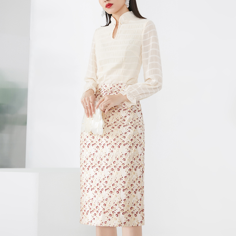 晚白2021春季新品复古两件套淑女套头衬衫印花包臀裙时尚套装女