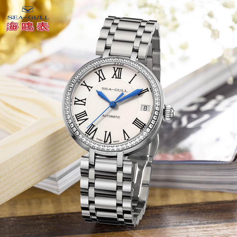 海鸥表（SEAGULL）机械系列 女士时尚潮流镶钻商务自动 机械表 钢带防水女表716.417L 白盘罗马数字钢带