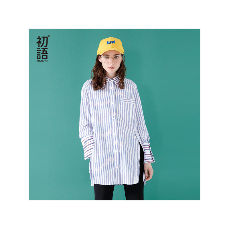 初语棉质侧身开衩宽松个性时尚长袖条纹衬衫女中长款衬衣