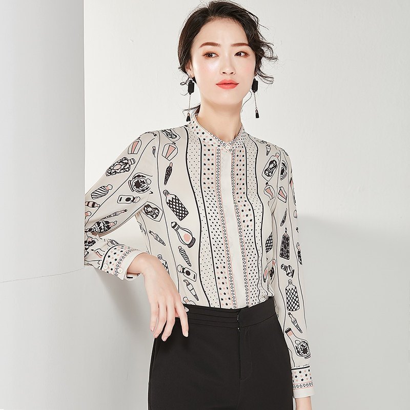 欧昵雪通勤立领长袖时尚小衫上衣修身显瘦印花衬衫女视频