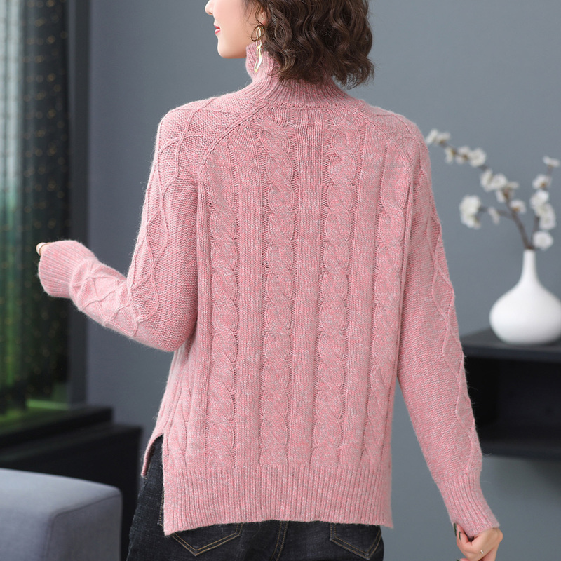 恒源祥半高领绞花毛衣女厚款春开叉针织衫外穿含羊毛兔毛