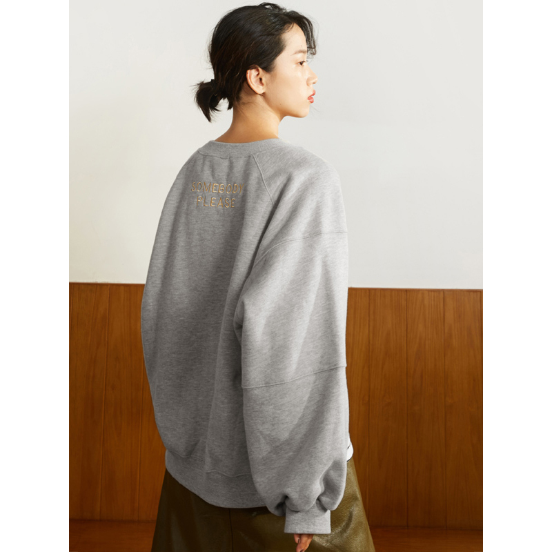 森宿Y套头落肩袖加绒卫衣女秋冬装2018新款短款圆领加厚拼接上衣