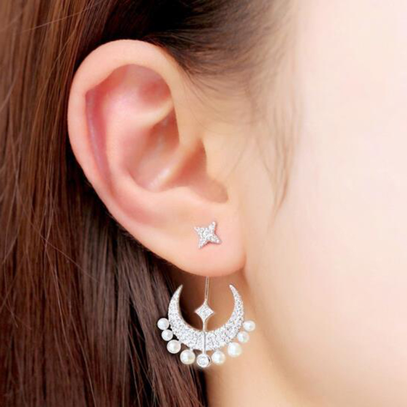 apmmonaco月亮珍珠耳坠气质时尚长款耳钉送女友礼物耳环欧美潮流银