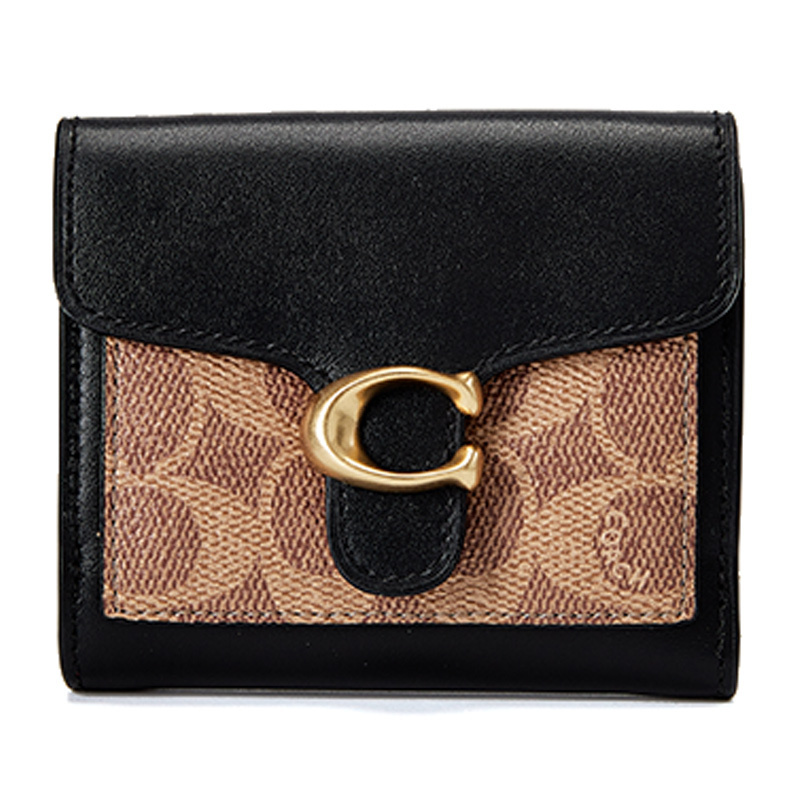 蔻驰coach奢侈品女士专柜款tabby系列涂层帆布配皮短款钱包钱夹黑色棕