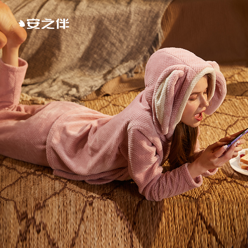 安之伴睡衣女晚秋圆领套装菠萝绒家居服