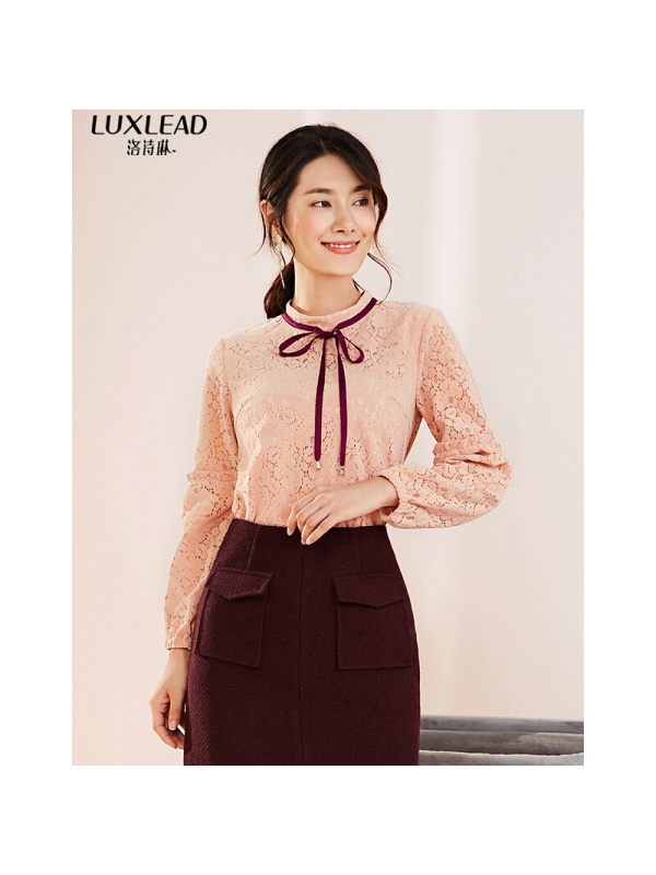 洛诗琳2018冬装时尚撞色织带 橘粉色 植绒蕾丝衫 橘粉色 S