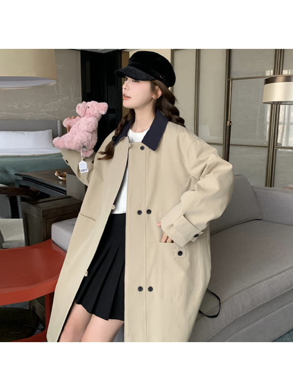 年春秋季新款中长款风衣女休闲宽松撞色领时尚显瘦工装风外套