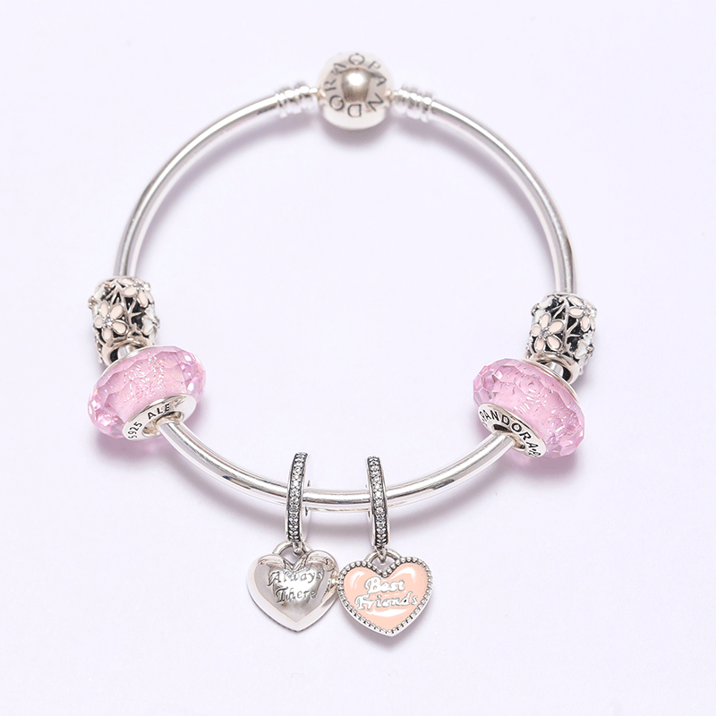 PANDORA潘多拉 粉色诗花绽放 Best Friends吊坠 串珠串饰手链