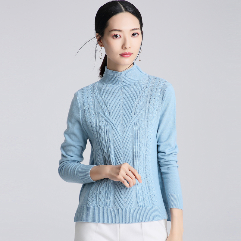 恒源祥麻花羊毛衫女半高领套头侧开叉毛衣2019韩版秋冬纯色针织衫