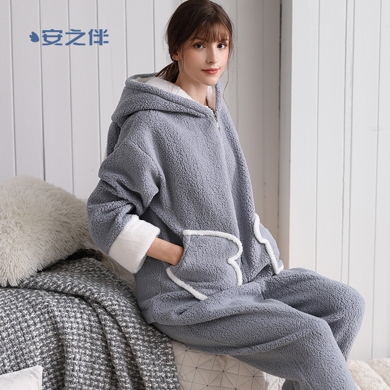 安之伴羊羔绒睡衣女冬季连体衣加厚保暖甜美可爱兔子带帽家居服