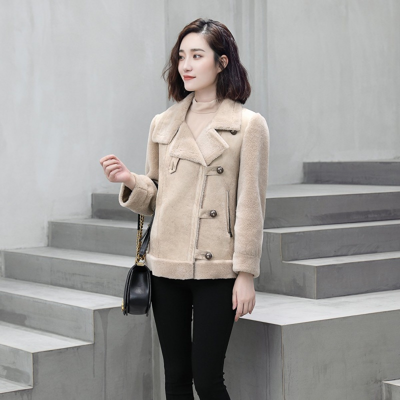 女款时尚复合皮毛一体羊剪绒短款皮外套