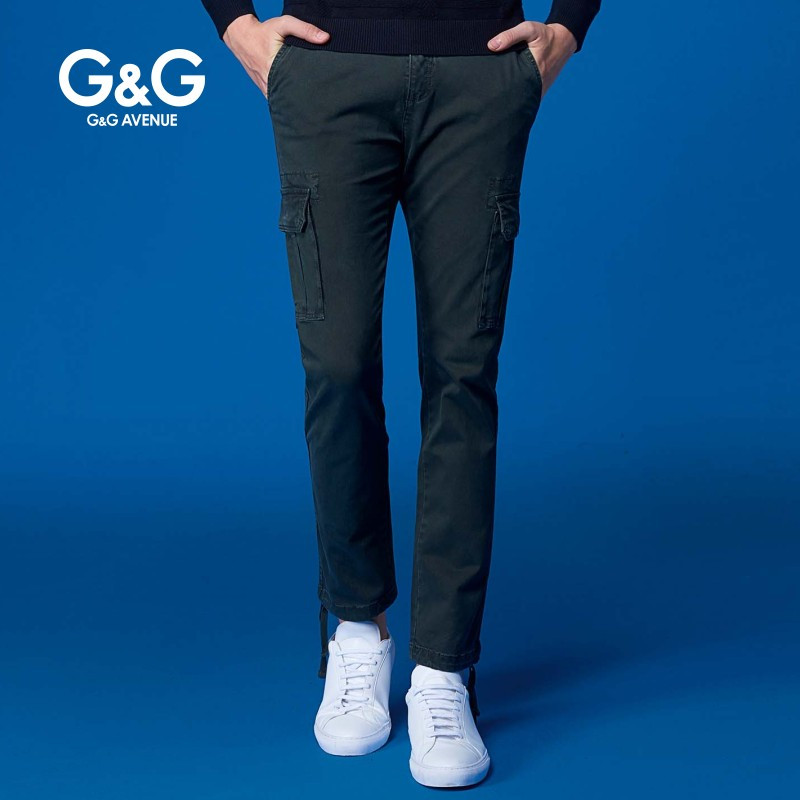 G＆G 男士秋季工装裤男绿色休闲裤秋天多口袋修身小脚秋冬款裤子