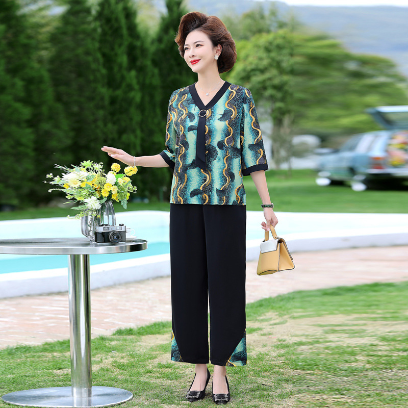 母节妈妈装夏款洋气套装2023新款中老年人女夏装短袖t恤两件套