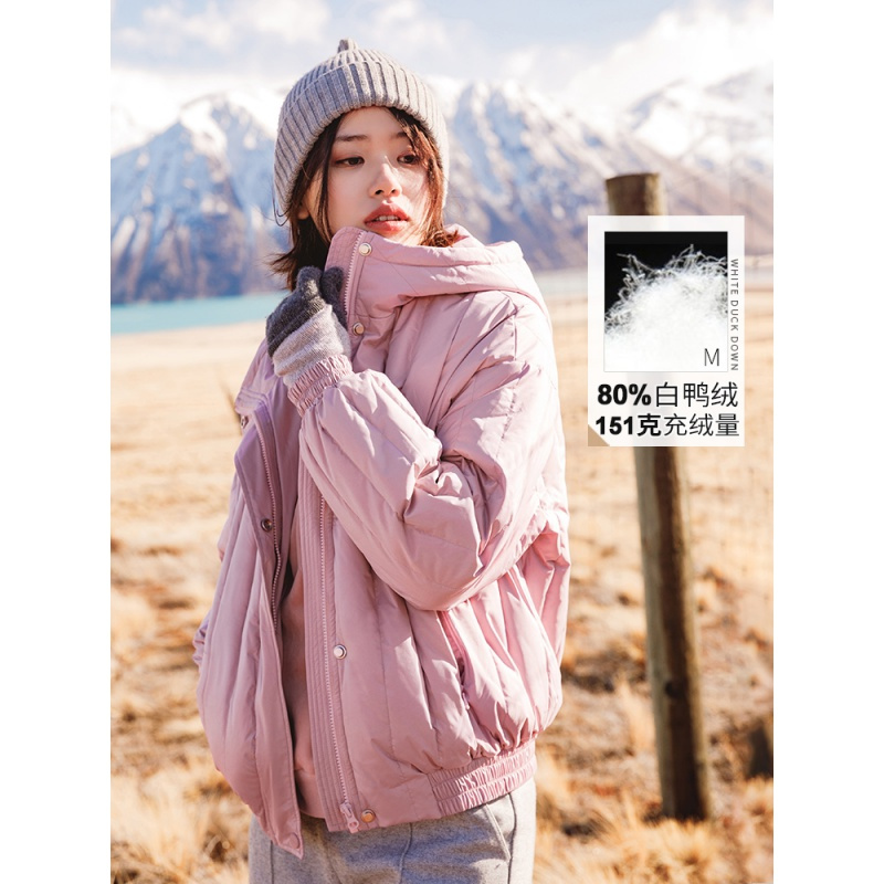 茵曼秋冬时尚减龄少女宽松保暖连帽粉色短款羽绒服女面包服外套潮