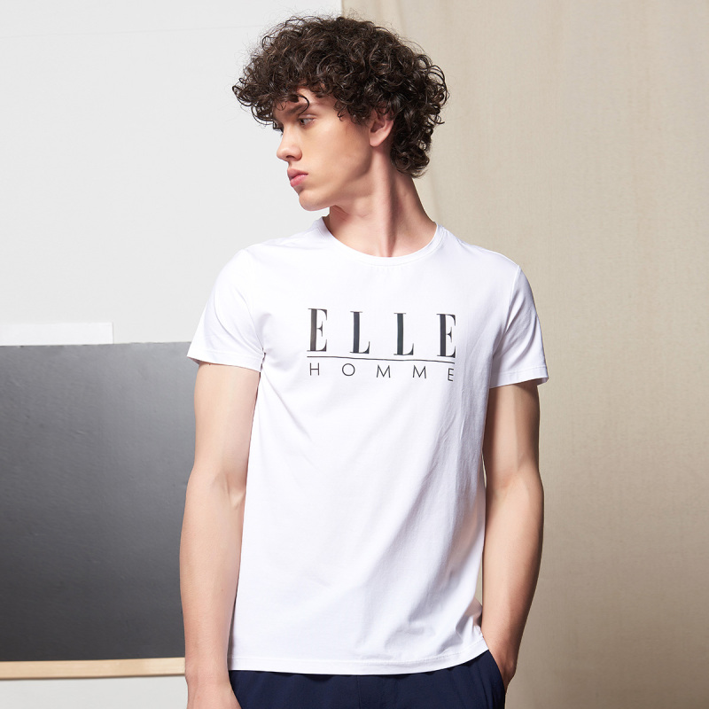 ELLE HOMME棉质圆领字母T恤男士修身短袖简约上衣多色可选