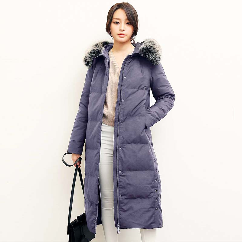 yaloo/雅鹿2018新款简约时尚大码大毛领鸭绒外套女中长款羽绒服