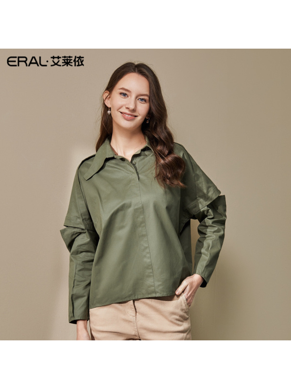 艾莱依2019秋季新款时尚设计感短款衬衫女纯色长袖上衣